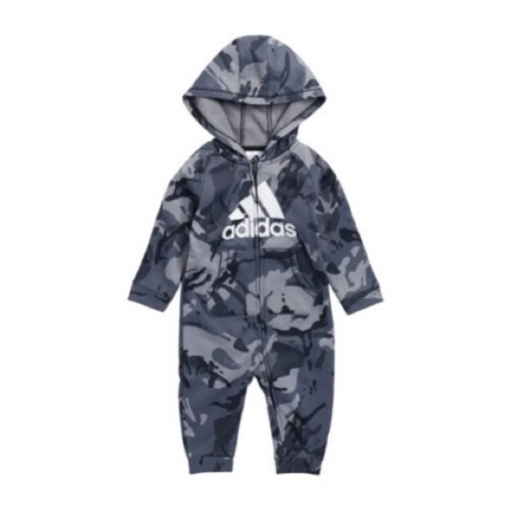 Adidas Smoky Gray/Blue Camo Footless Hooded One Piece Bodysuit Baby Size 3M